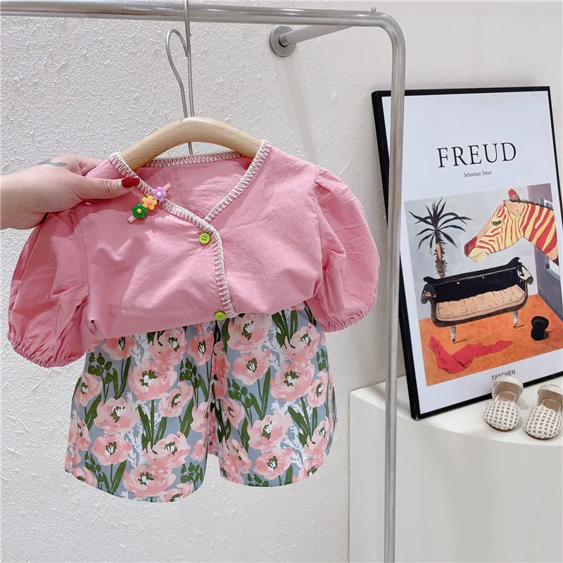 Humor Bear Girls Clothing Set Summer Single-breasted Puff Sleeve+Flower Shorts Toddler Kids Clothes Kids Children Clothes Suit