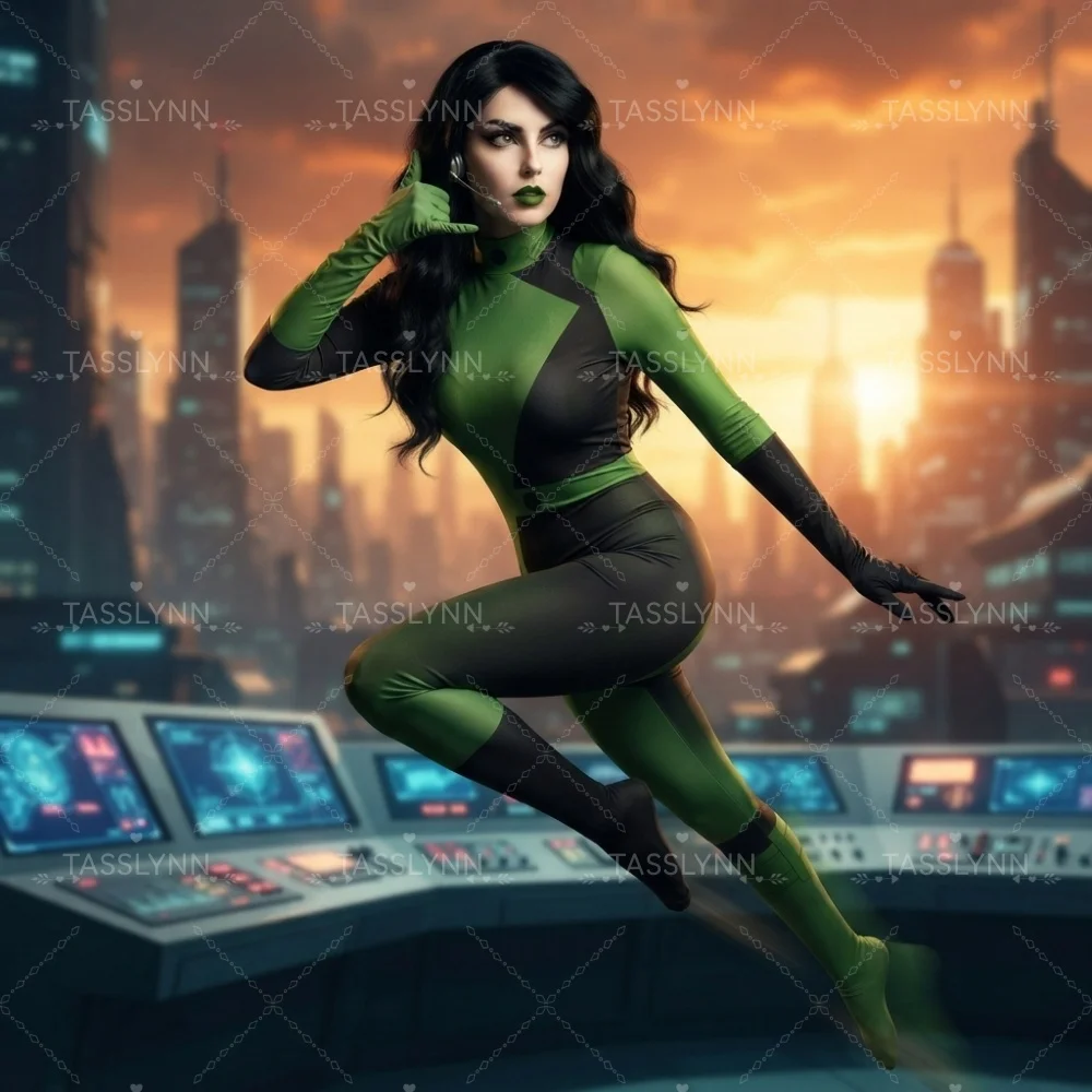 Shego Cosplay Black Green Full Body Jumpsuit Superhero Villain Costume for Halloween Superhero Villain Costume Zentai Bodysuit view 6