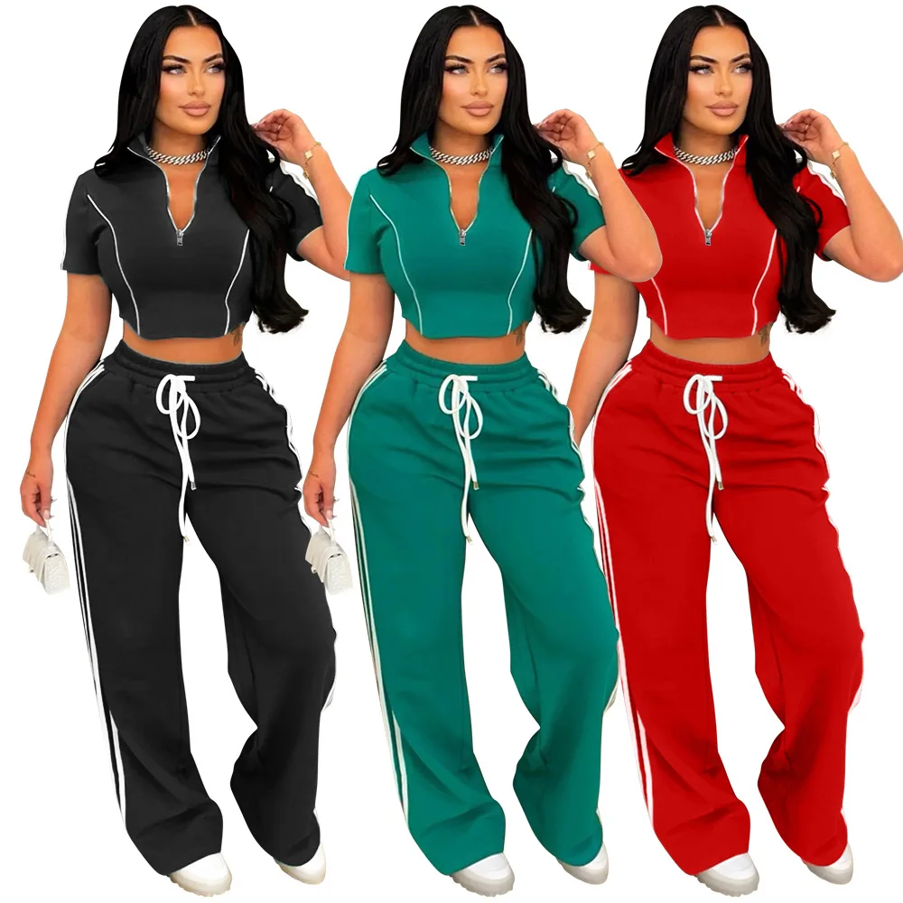 Fashion Casual Short Hoodie 2 Piece Women Summer Zipper Top Short Sleeved Sports T Shirt Stripe Splicing Long Pants Female Suit