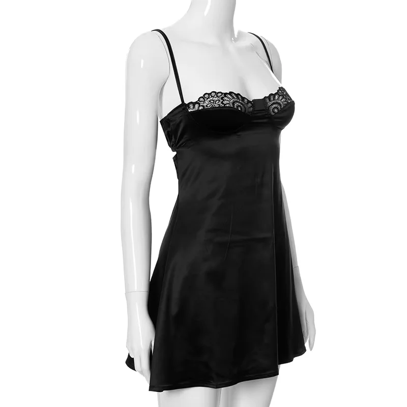 

Solid color patchwork lace sleeveless hollow sexy backless spaghetti strap dress Party Gathering Women's aesthetic slim dress