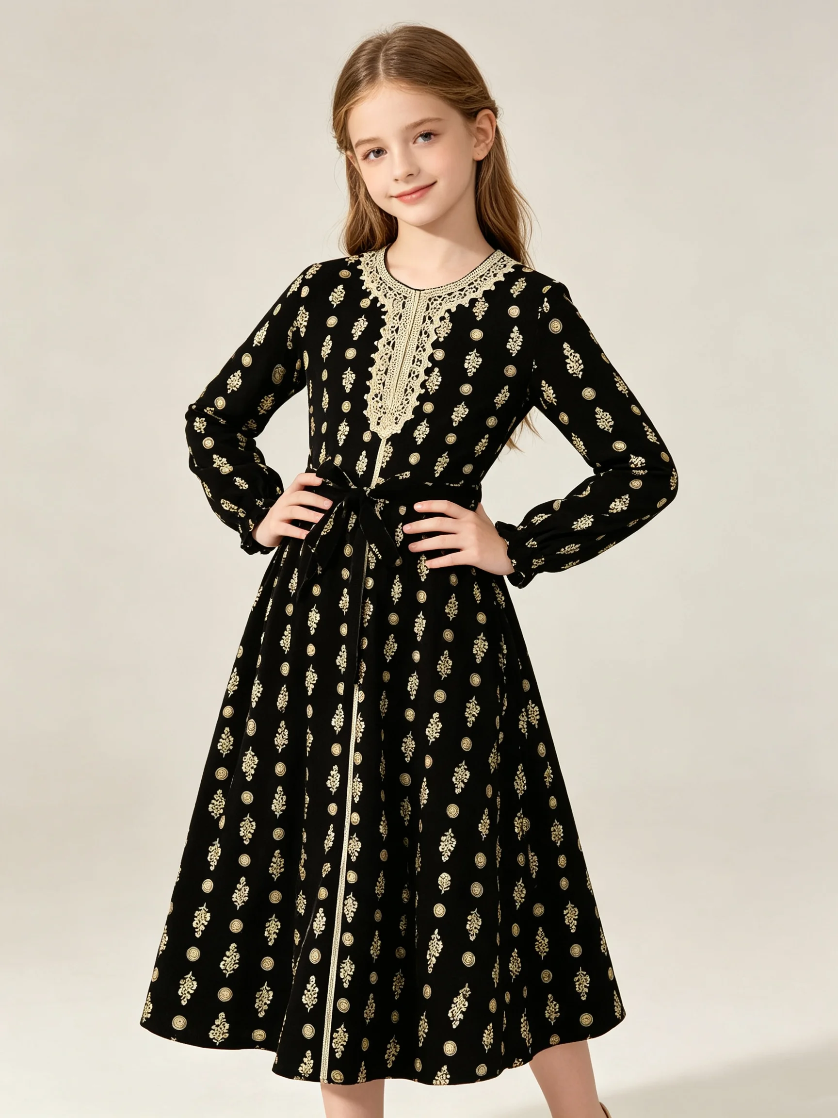 Girls Bohemian Long Sleeve Dress Gold Floral Print Lace Trim Breathable Fabric for Eid Outing