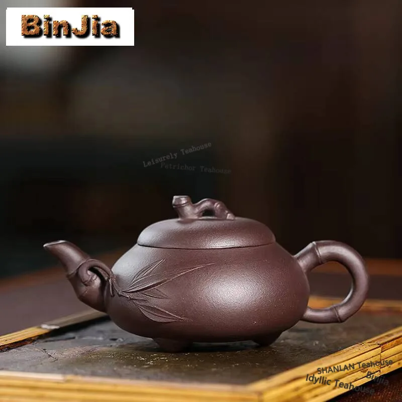 

140ml Yixing Purple Clay Teapots Handmade Bamboo Scoop Pot Raw Ore Purple Mud Tea Soaking Kettle With Filter Zisha Tea Set Gift