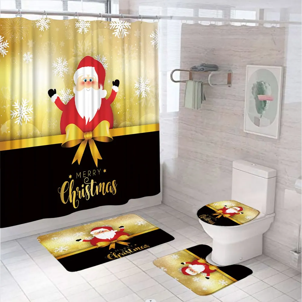 Christmas Cartoon Santa Claus Snowflake Bathroom Set Shower Curtain Rug Bath Mat Toilet Cover Xmas Bowknot Black Gold Tub Screen