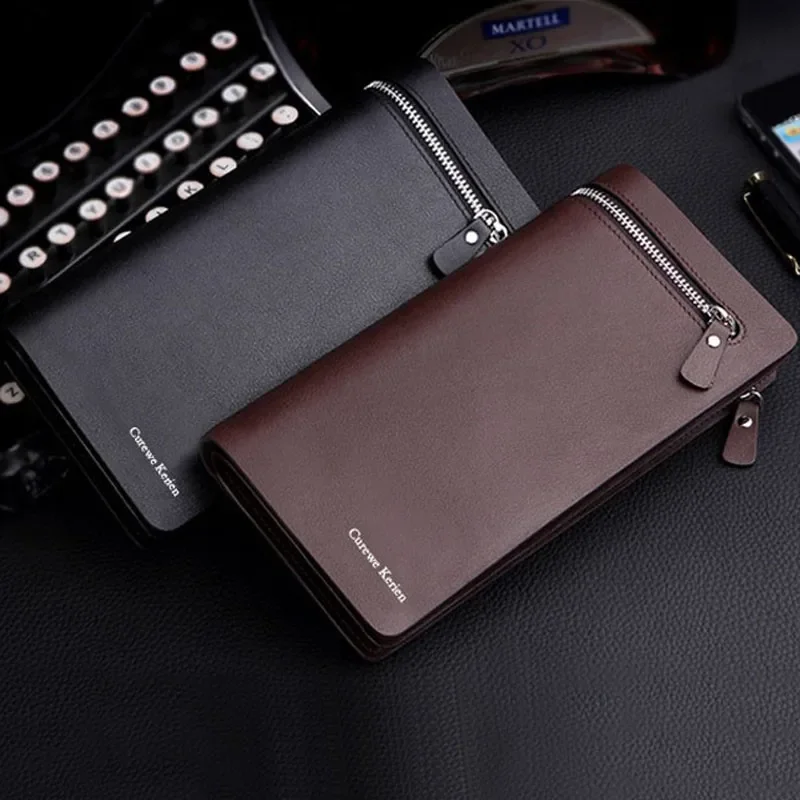 

New Business Long Designer Men's Leather Wallet with Zipper Man Purse with Coin Pocket Card Holder for Male