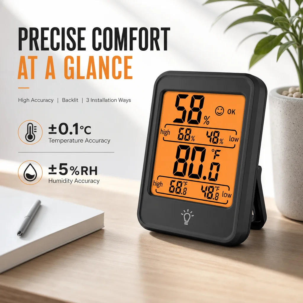 Digital Thermometer Hygrometer Large LCD Display Indoor Temperature Humidity Monitor with Orange Backlit for Home Max/Min Record