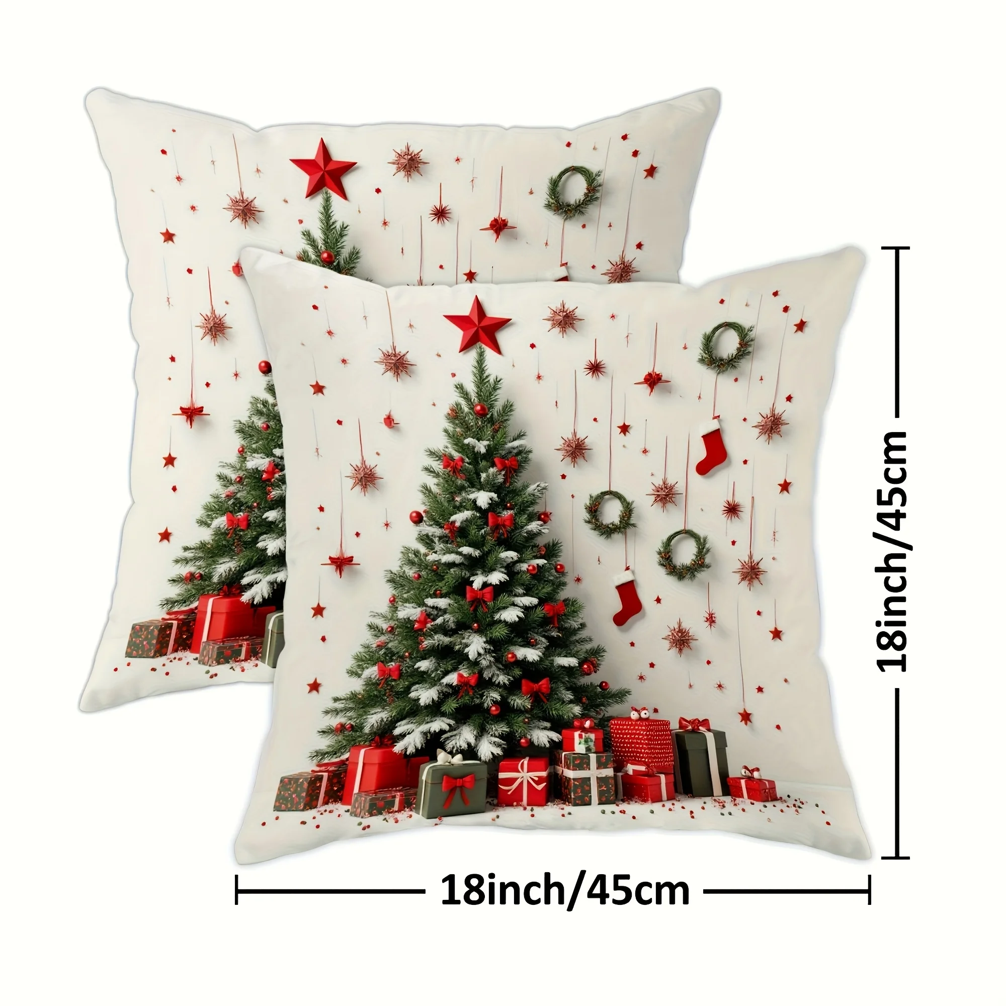 1Pc Christmas Throw Pillow Covers - Winter Tree Gift Star Wreath Stocking Pattern - Single-sided 2D Flat Printed Cushion Cases