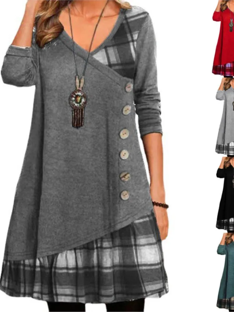 Autumn Winter New Women\'s Sexy V-neck Fashionable Checkered Patchwork Button Long Sleeved Irregular Casual Comfortable Dress