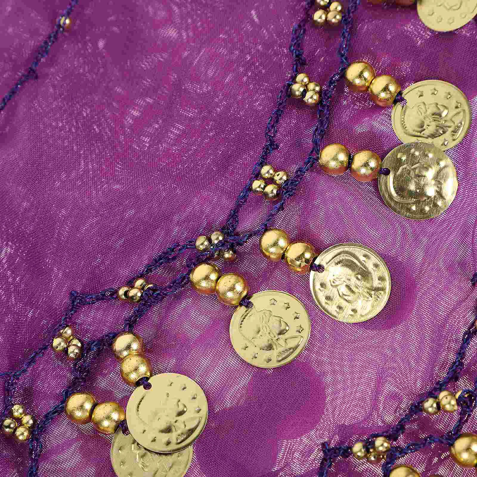 Women Chiffon Dangling Hip Scarf 3 Rows 128 Coins Wrap Belt for Belly Dancing (Purple) belly skirt