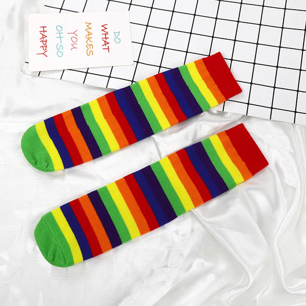 

2Pairs Cotton Children Socks Rainbow Stripe Pattern Elastic Thick Warm Stockings for Kids 5-12 Soft Comfortable Sweat Absorbing