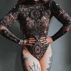 Gothic Print nackt durchsichtig Bodycon Overalls y2k Spitze Mesh Langarm schlanke Bodys Frauen Sommer T-Shirts Tops Streetwear