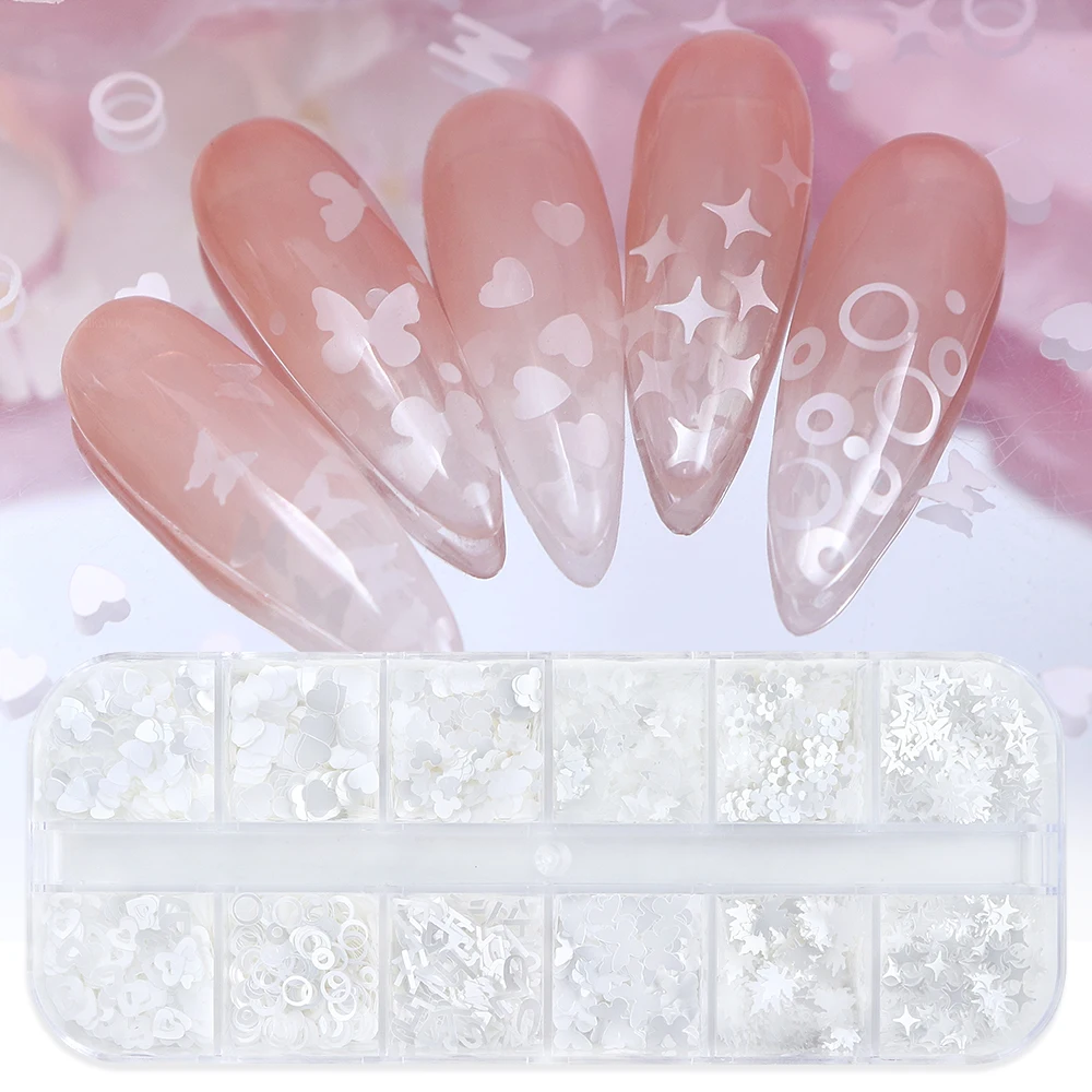 12 Grids/Box Pure White Nail Art Sequins Mixed Butterfly Love Heart Flowers Glitter Flakes Spring Summer Manicure DIY Decoration