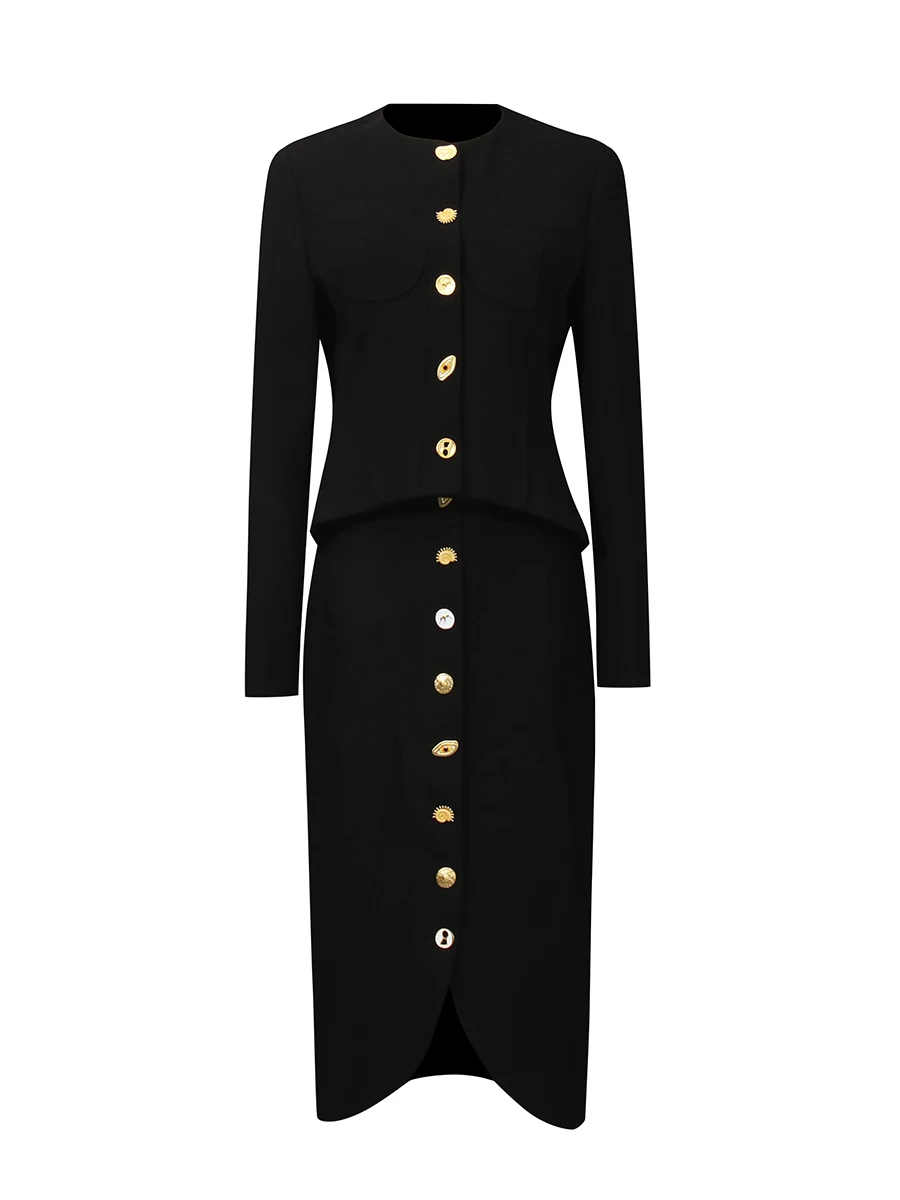 TWOTWINSTYLE, conjuntos de dos piezas adelgazantes de un solo pecho para mujer, Top de manga larga con cuello redondo, conjunto de falda de cintura alta para mujer, nuevo