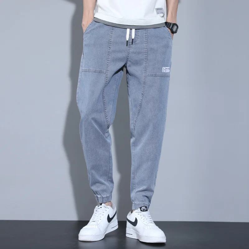 Men's Casual Strap Halen Loose Cropped Drawstring Jeans Fashion Youth Loose Hip-hop Denim Trousers Youth Streetwear Y2K Pants