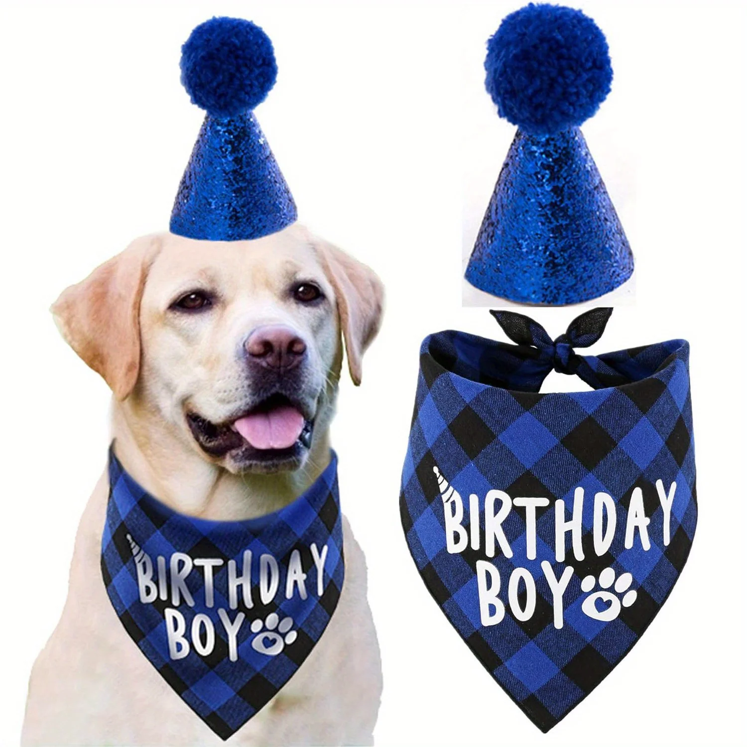 1 Set (2Pcs) Dog Birthday Party Supplies Boy Dog Birthday Bandana Scarf and Dog Birthday Hat