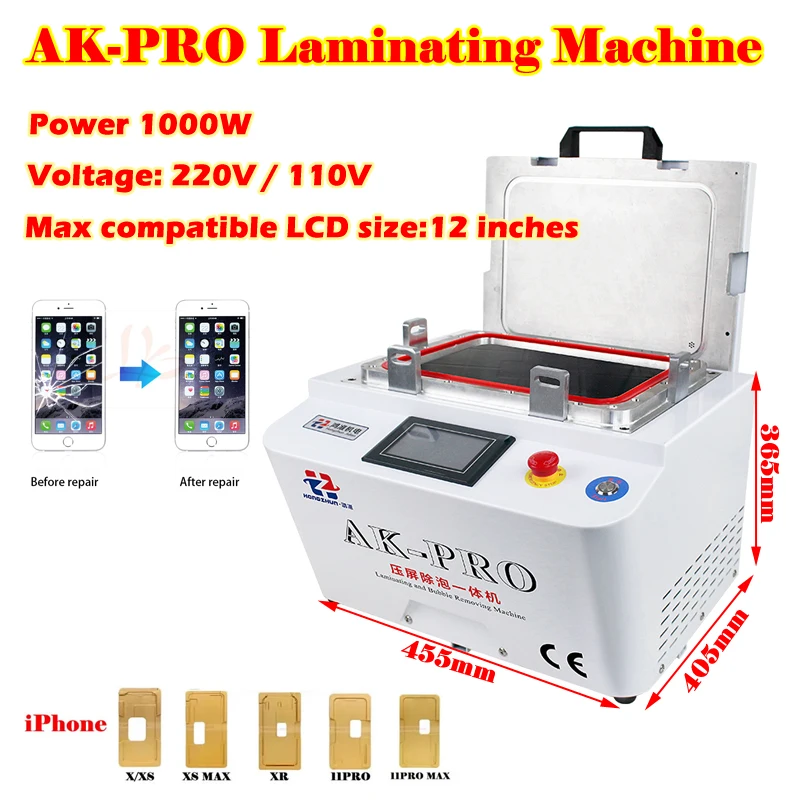 AK-PRO OCA 12 Inches Vacuum Laminator Automatic Air Lock Deforming Laminating Machine 1000W for Mobile Repairing