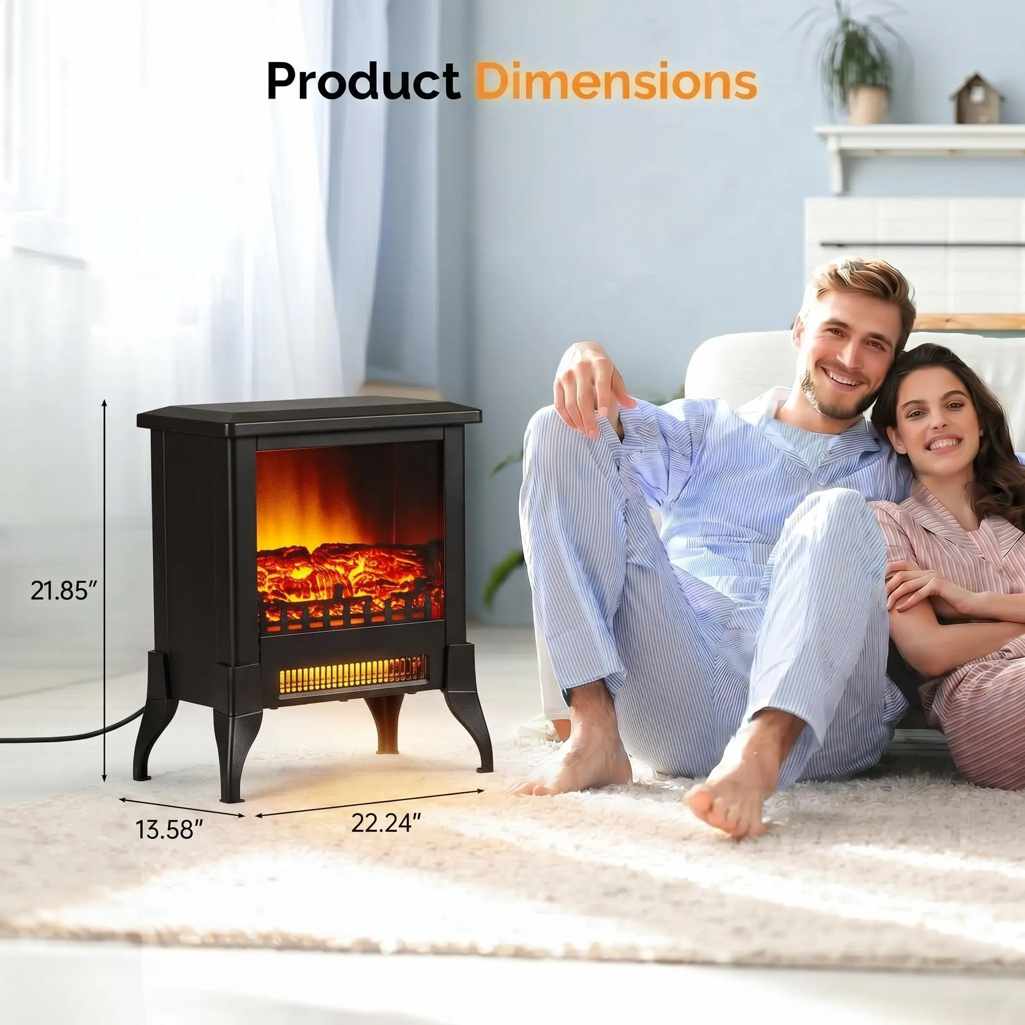 1400W Electric Fireplace Stove Heater – Freestanding Space Heater with Thermostat, Overheat & Tip-over Protection for Bedroom & Living Room