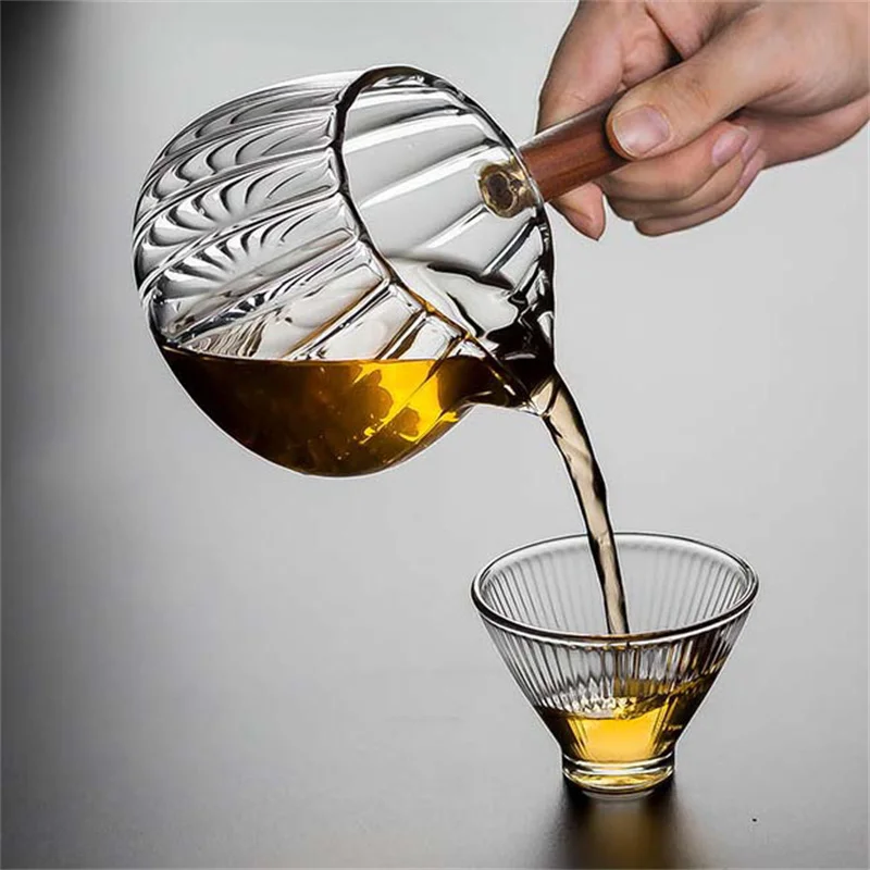 Side Wooden Handle High Borosilicate Stripe Glass Tea Dispenser Fair Cup Chahai Kung Fu Tea Set