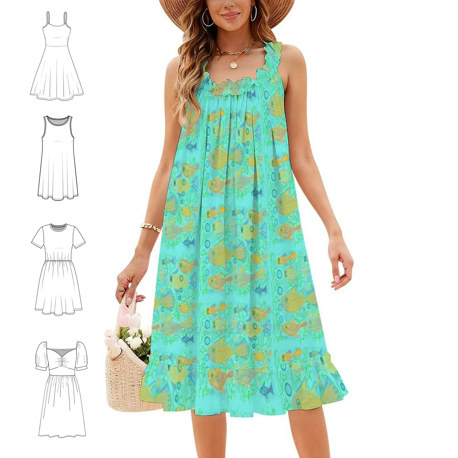 Funny Fish Swimming In Sea Painting Aqua Blue Preppy Style Mini Dress For Women A-Line Loose Fit Casual Day Dress Fish Happy