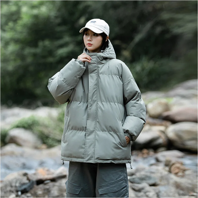 Winter new men's and women's matching hooded cotton coat in solid color versatile, warm and cozy bread-style cotton coat