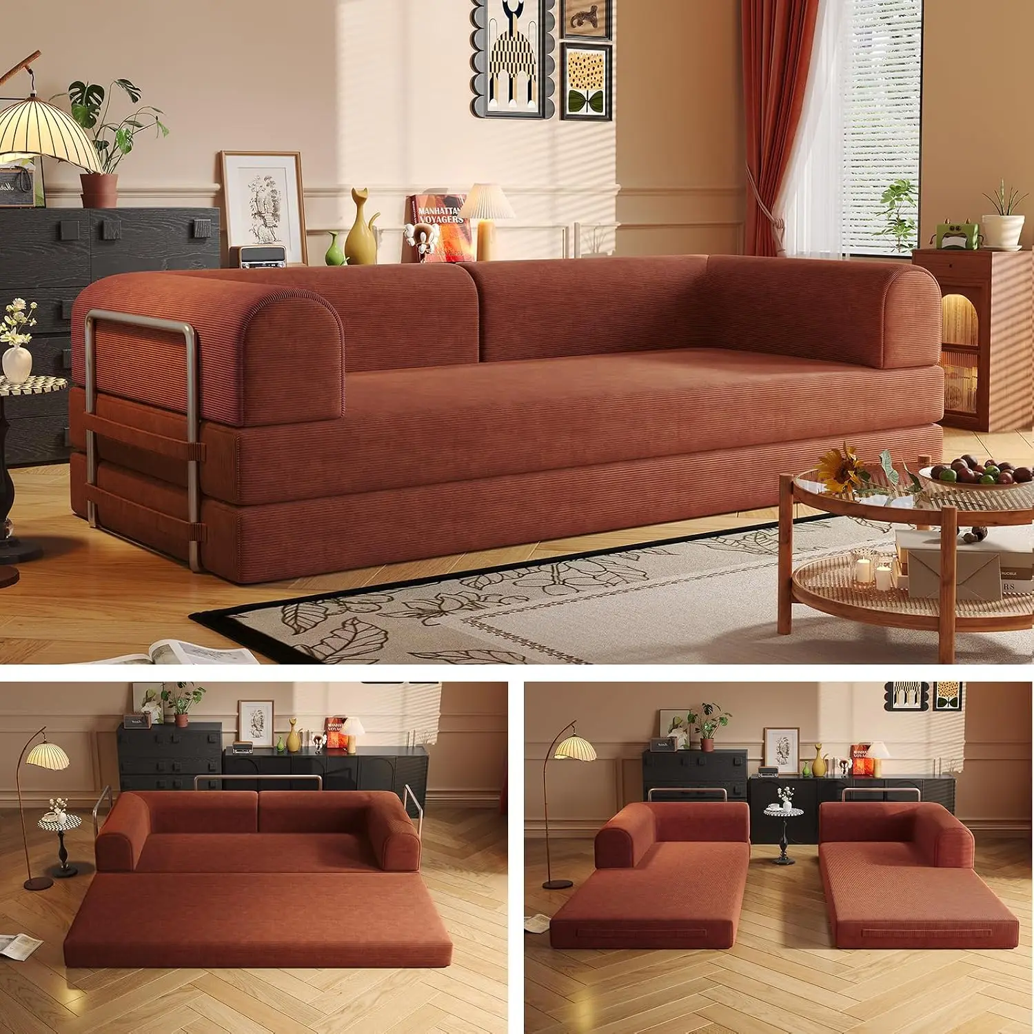 Oversized 3-Seater Corduroy Convertible Sofa Bed Boneless Chaise Lounge Indoor Floor Sofa for Living Room Basement, Customized