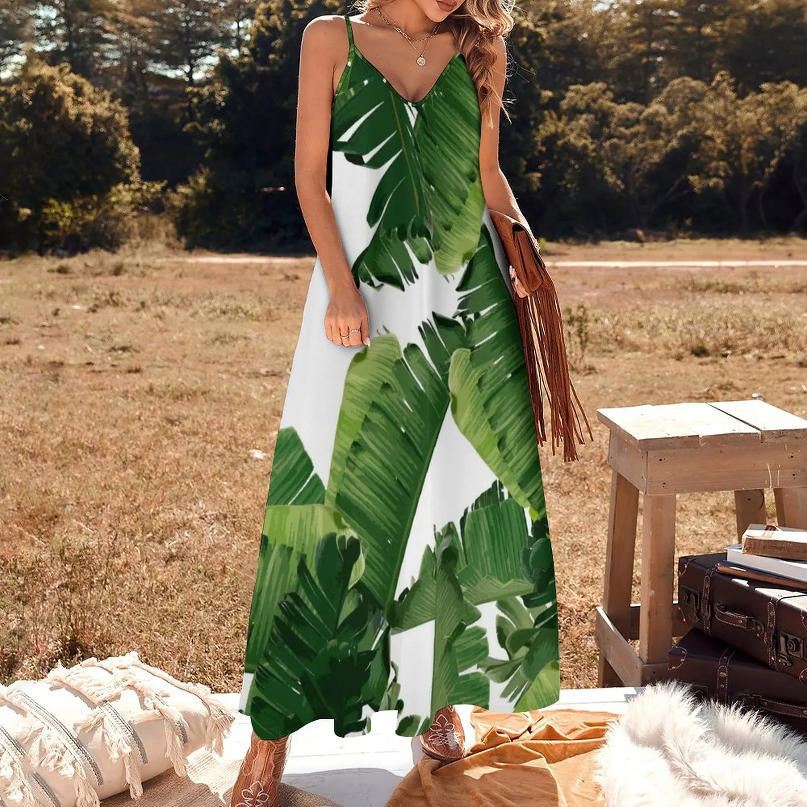 Banana Leaves Green Sleeveless Dress Clothing dress women elegant luxury evening dresses ladies Women's clothing