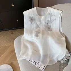 Chinese Style Round Neck Vest White Magnolia Embroidery Artificial Silk Sleeveless Blouse Loose Casual Temperament Women's Vests