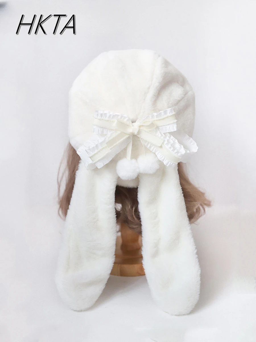 Lolita Beret Original Handmade Small Thing Plush Cute Rabbit Ear Bow JK Pure Desire White Beret Thermal Hat Women Girls Hats