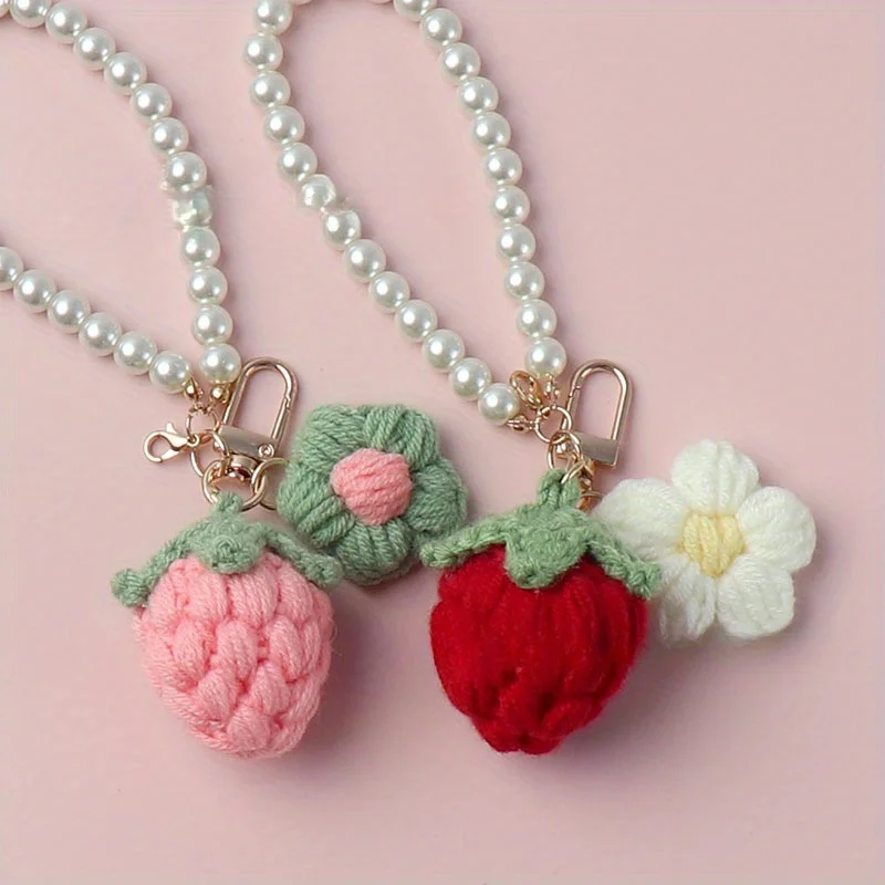 1pc Knitted Strawberry Car Keychain Pendant Cute Woolen Fluffy Flower Bag Keychain Mobile Phone Accessory for Women