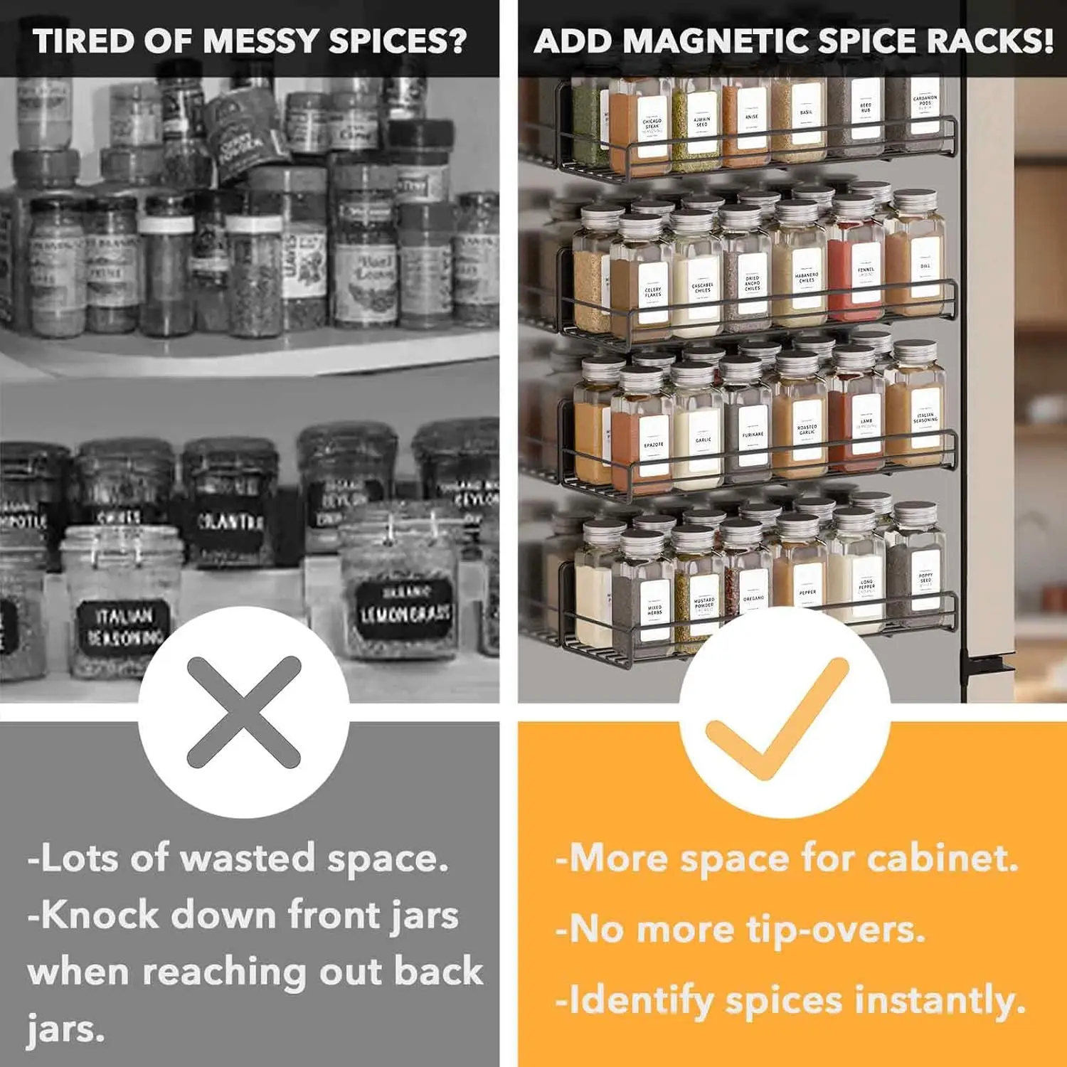 4 Pack Magnetic Spice Rack with 48 Spice Jars, 400 Spice Labels and Funnel, Space Saving Refrigerator Fridge Oven Shelf