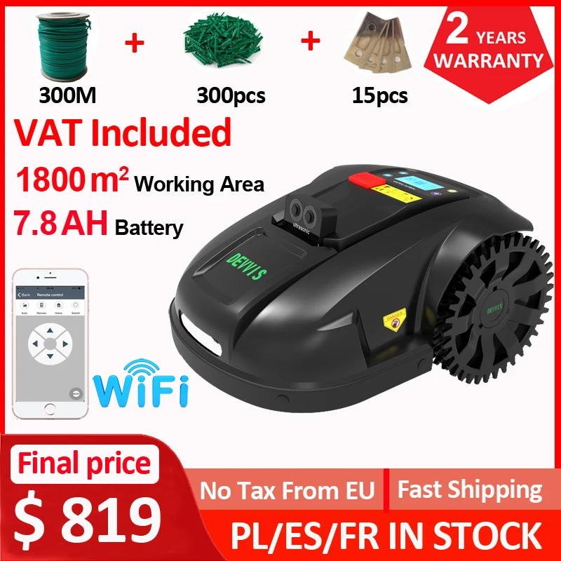 US$819 DEVVIS E1800U Ultrasonic Robot Lawn Mower  7.8Ah Lithium Battery 1800 M2 Working Area With 300m Wire