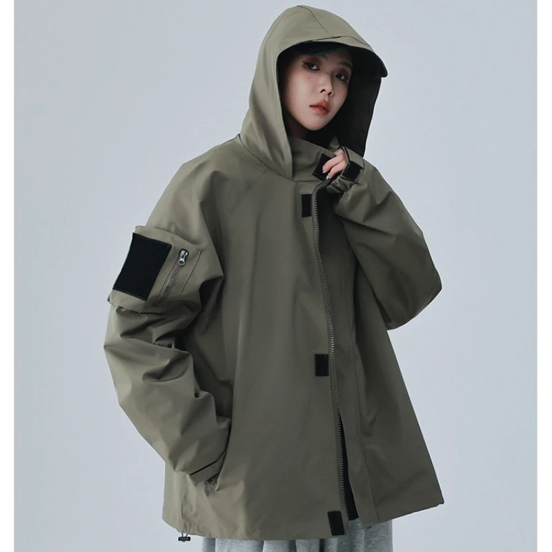 

Spring Autumn Women Waterproof Hiking Jacket Men Solid Color Hooded Windbreaker Coat Outdoor Camping Cycling Casual Cargo Jacket