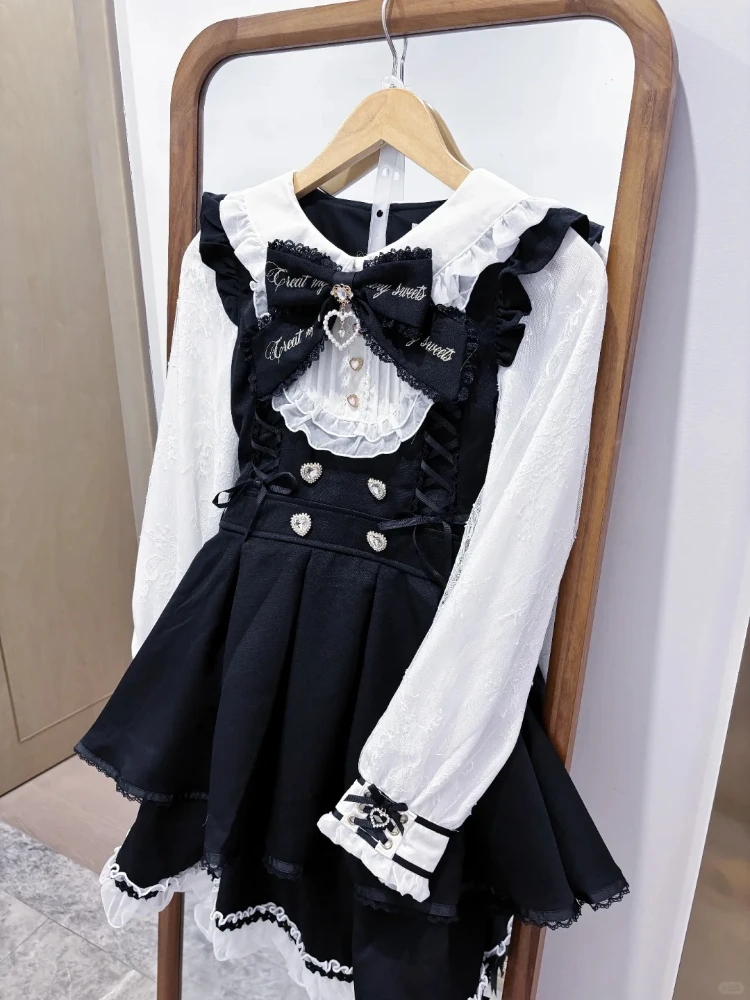 

Элегантные комплекты японского дизайна в стиле Лолиты, женское винтажное платье с длинными рукавами + мини-юбка Harajuku Kawaii Y2k, милые кружевные наряды JK