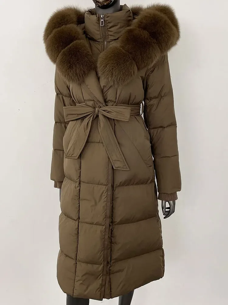 الشتاء النساء الأبيض بطة أسفل معطف 2025 ريال الراكون الثعلب الفراء طوق مقنعين سترة طويلة الطبيعية سميكة الدافئة ملابس خارجية غير رسمية