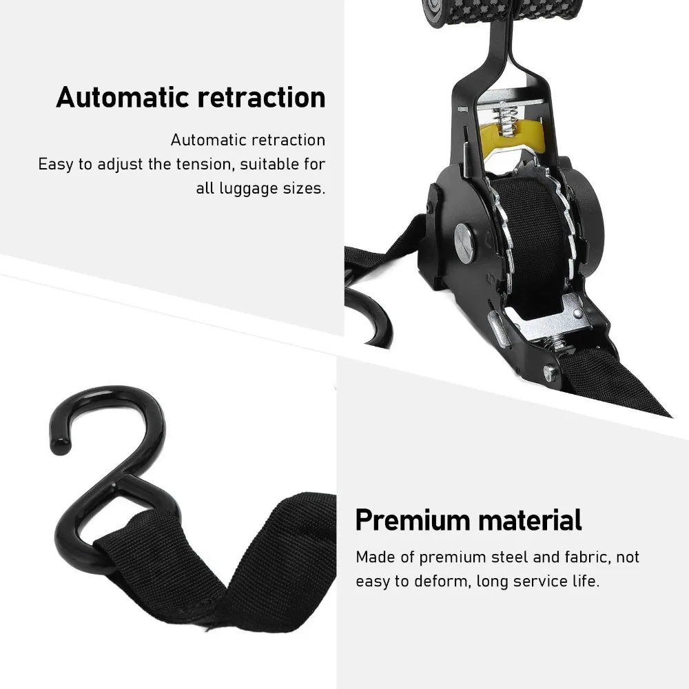 2pcs Durable Steel Auto Ratchet Strap Self Winding Balck Tie Down Strap Luggage Fixing Strap Trailer