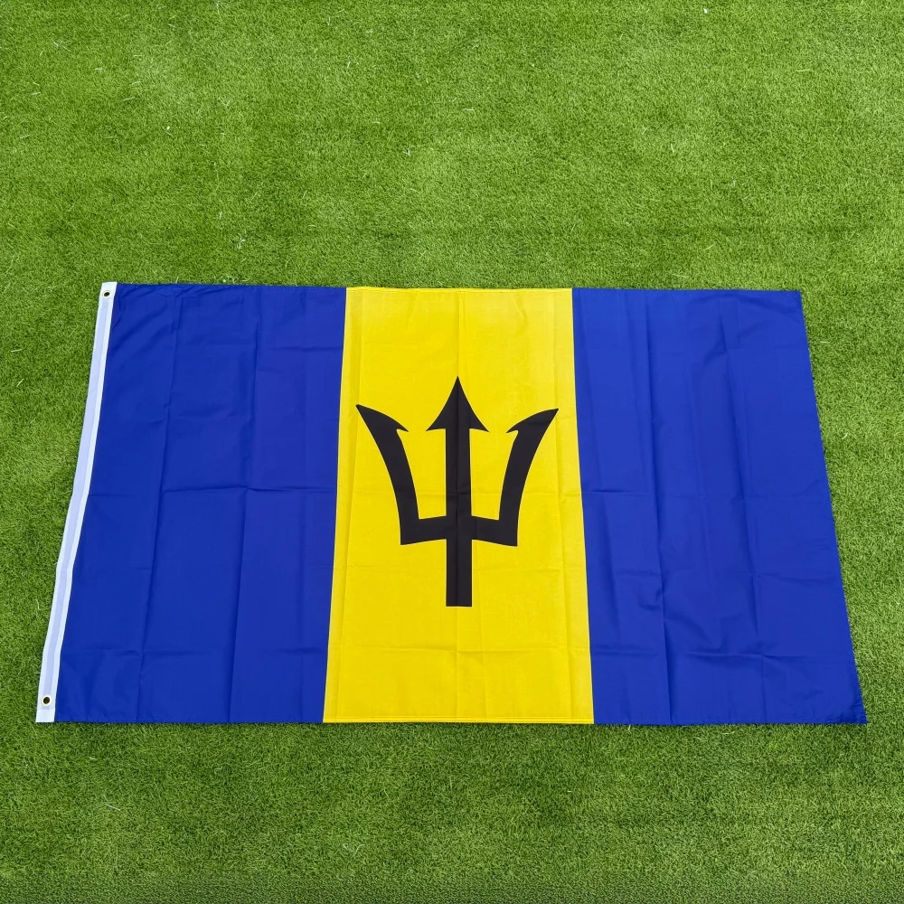 FlagGo Barbados Flag 150x90cm 3x5 FT Ultramarine Gold Stripes Broken Trident Polyester Double Stitched Outdoor Indoor Decor