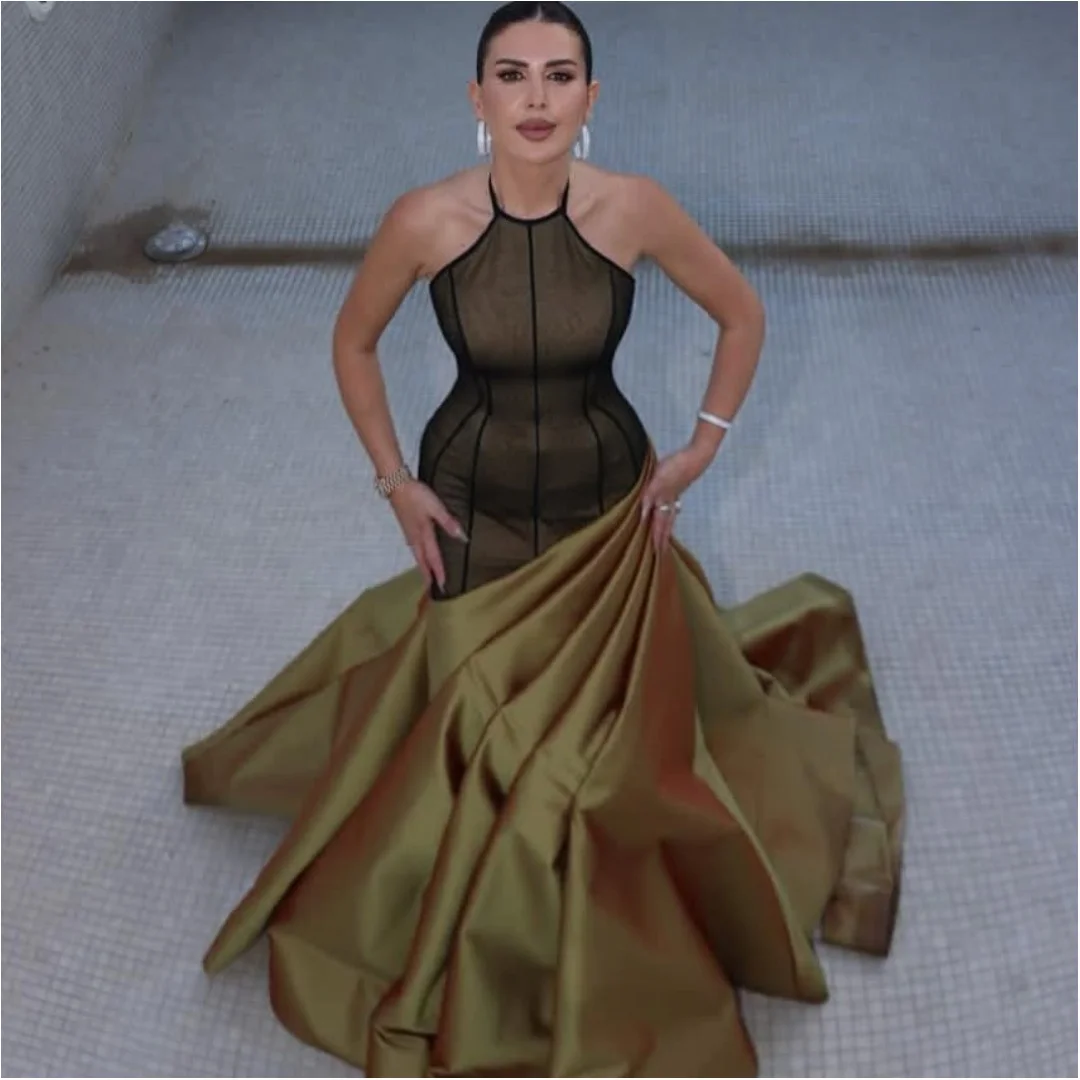 Illusion Trumpet Evening Dresses Woman Satin Sweep Train vestidos de noche Formal Prom Dress Wedding Party Gowns Customized