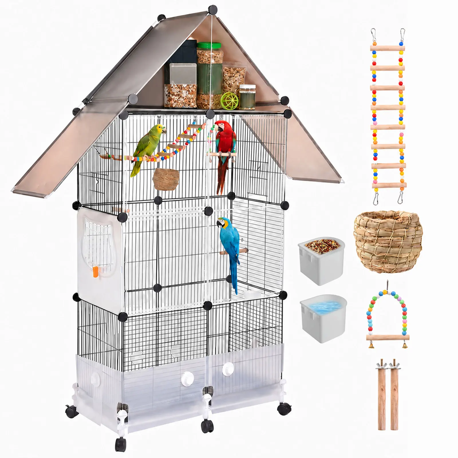 Large Parrot Cage, 28.3''L * 14.1''W * 61.8''H Conure Cage with Acrylic Panel Door and 6 Smooth-Roll Casters for Small to Mid-Sized Birds with Wooden Perches and Pull-Out Tray