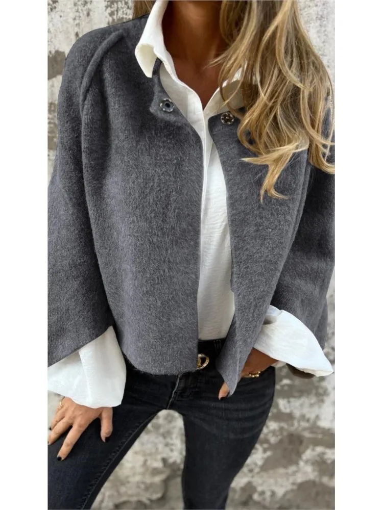 2024 Autumn Winter Loose Short Imitation Cashmere Long Sleeved Jacket Coat Women\'s Fashion Casual Solid Color Jacket