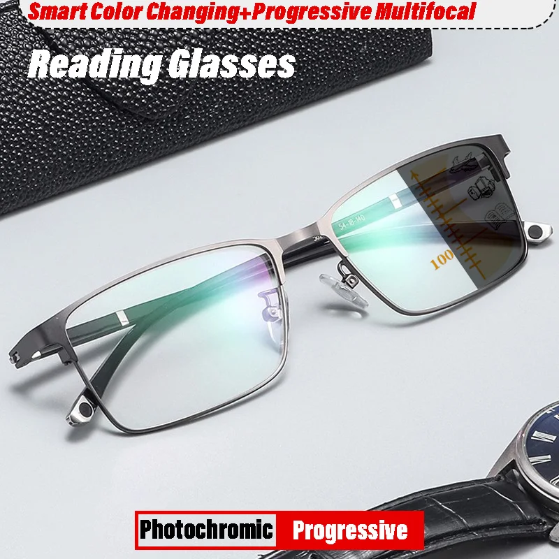 Klassische Business-Rahmenbrille Photochrome Progressive Multifokale Lesebrille für Männer und Frauen Anti-Blaulicht HD Alterssichtigkeit-Brille