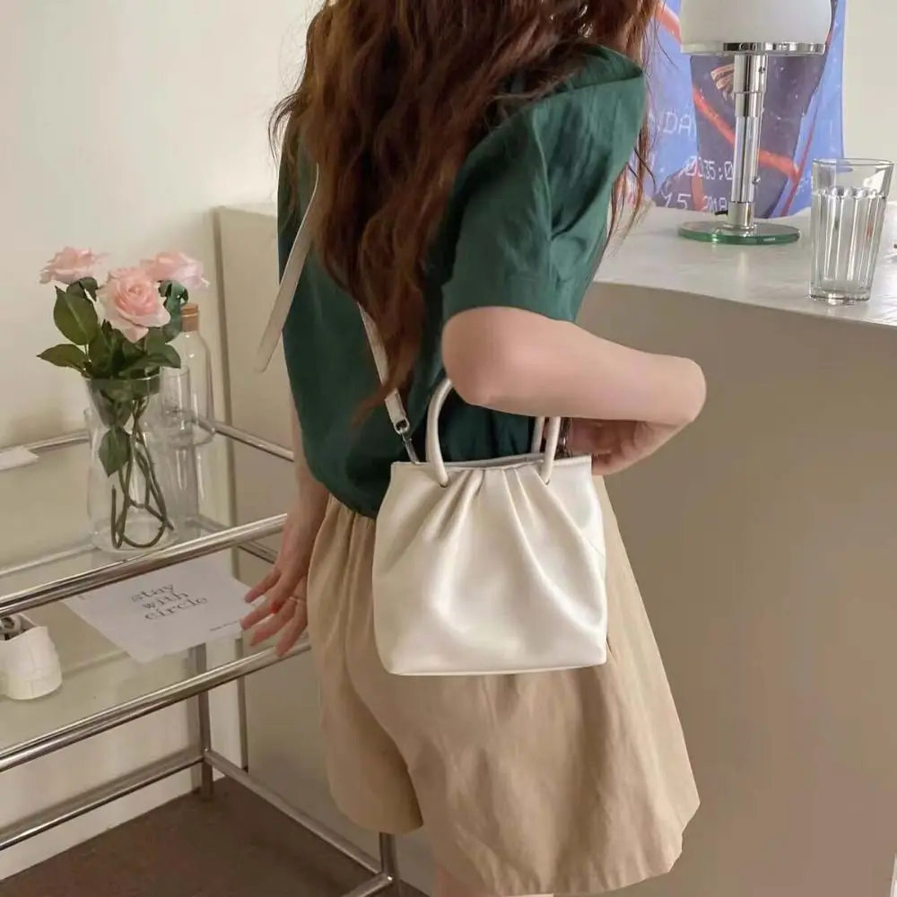 Bolsa transversal plissada PU para mulheres, bolsa quadrada, mini bolsa de ombro, estilo coreano, moda doce, cor sólida, INS