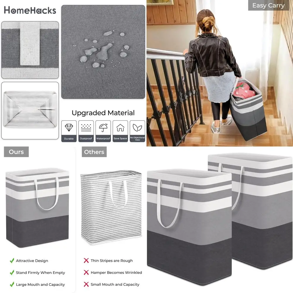 

Большая корзина для белья из 2 штук, водонепроницаемая, отдельно стоящая корзина для белья, складная высокая корзина для одежды с удлиненными ручками для