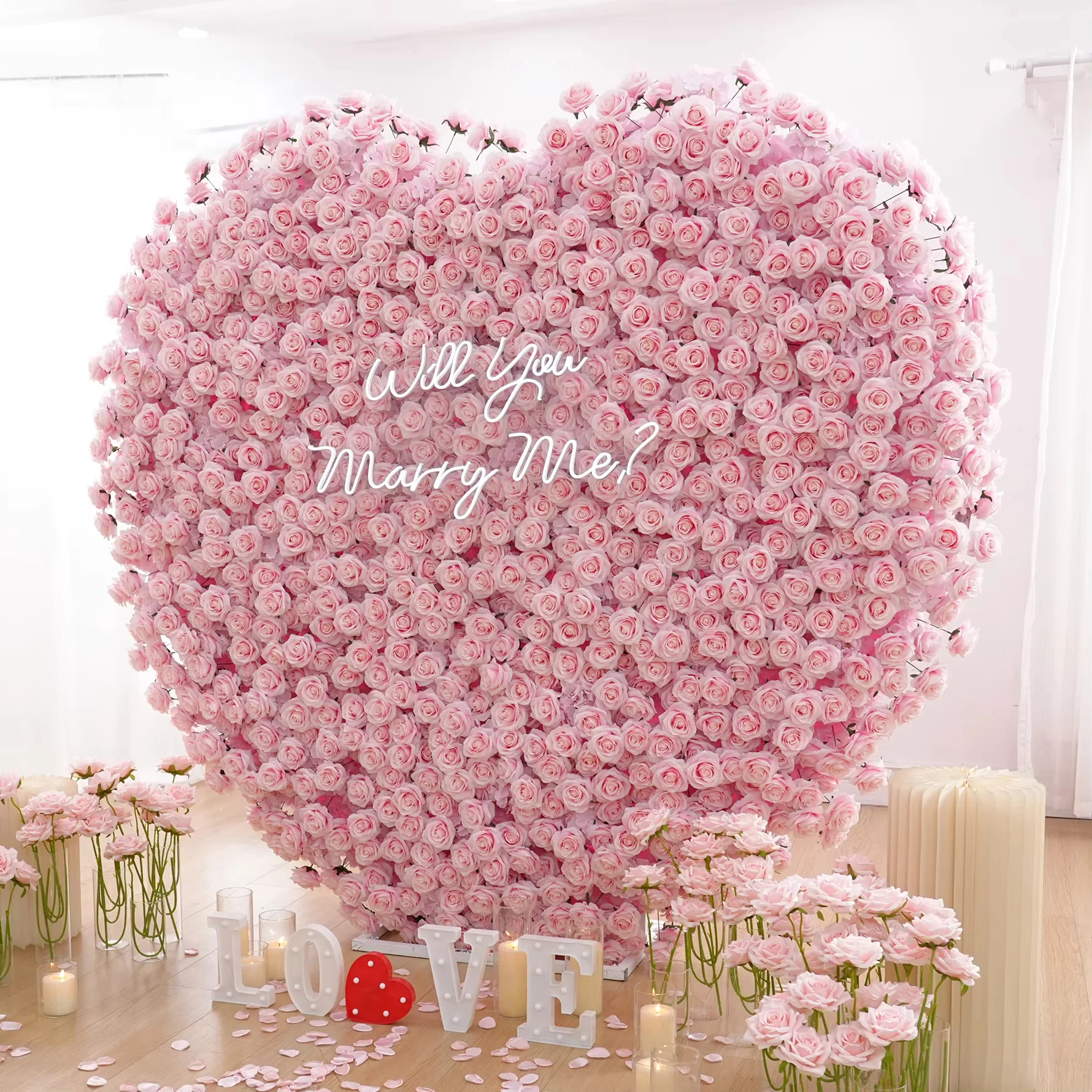 

Romantic 5D Heart Shape Floral Wall Pink Rose Cloth Base Wedding Backdrop Decor Flower Arrangement Banquet Window Display