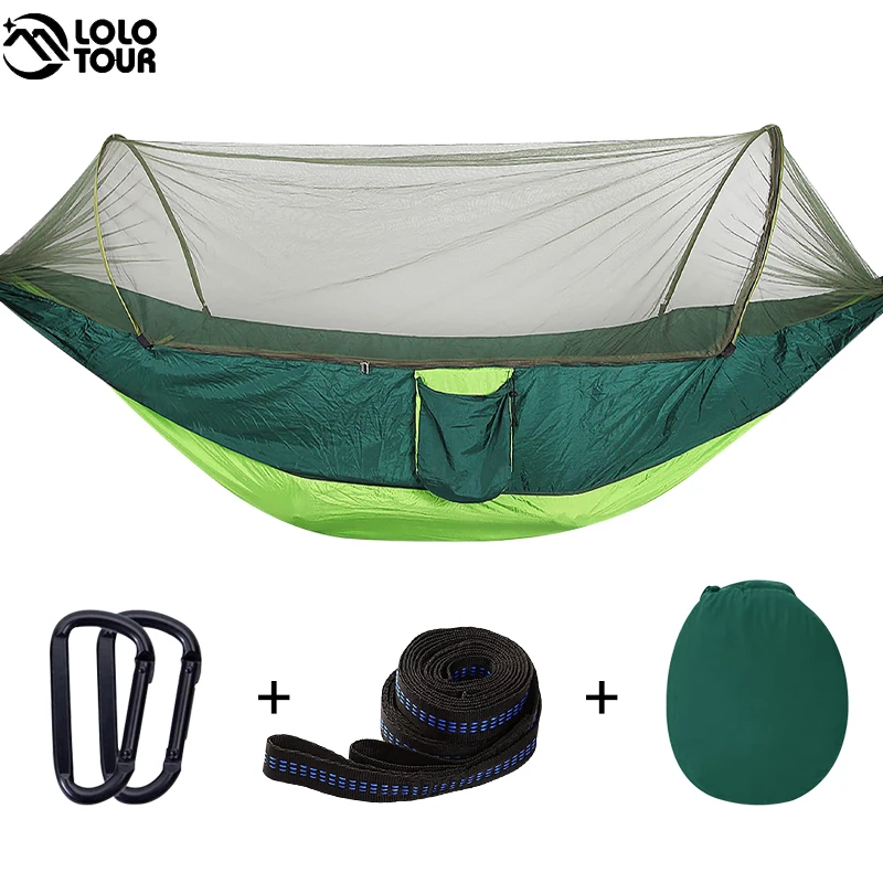 Quick Open Camping Hammock with Mosquito Net Lightweight Portable Parachute Nylon Double Hammock for Backpacking Survival Travel