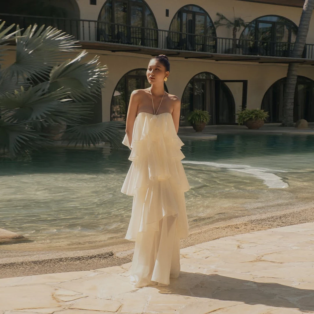 

Ivory Cream Strapless Tiered Ruffles Maxi Dress Chiffon Flowy Boho Beach Vacation Dress Summer Party Long Elegant Bohemian Dress