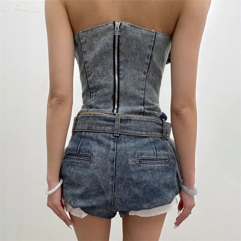 High-qualitySummer new style 3D floral decoration pure cotton washed denim tube top for women, fashionable andSexy backless bra.