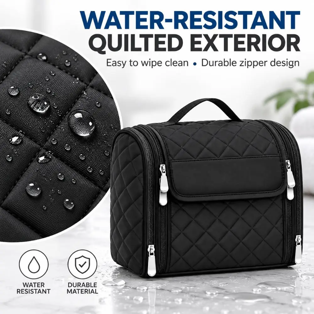 Waterproof Hanging Toiletry Bag Clear Pockets Multi Compartment Cosmetic Carry Case Quilted Exterior Carry Handle