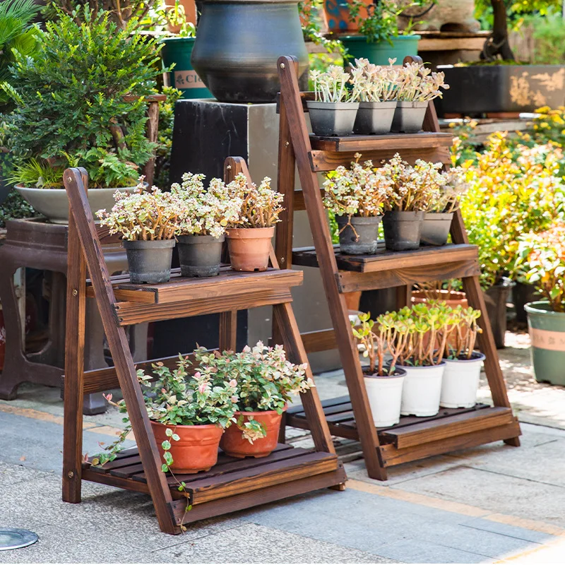 Outdoor multi-layer ladder flower stand Balcony solid wood rack Folding anti-corrosion wood succulent figure floor flower pot