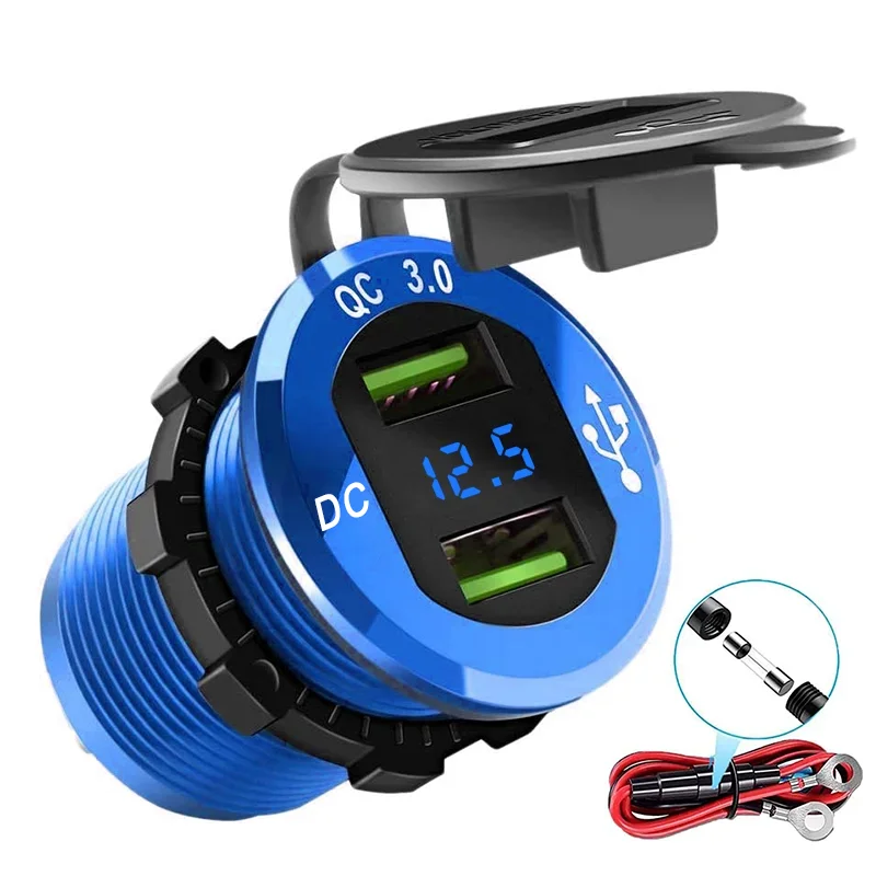 Quick Charge 3.0 USB Charger Socket Power 12V/24V USB Car Outlet with LED Digital Voltmeter for Marine Boat Motorcycle Truck