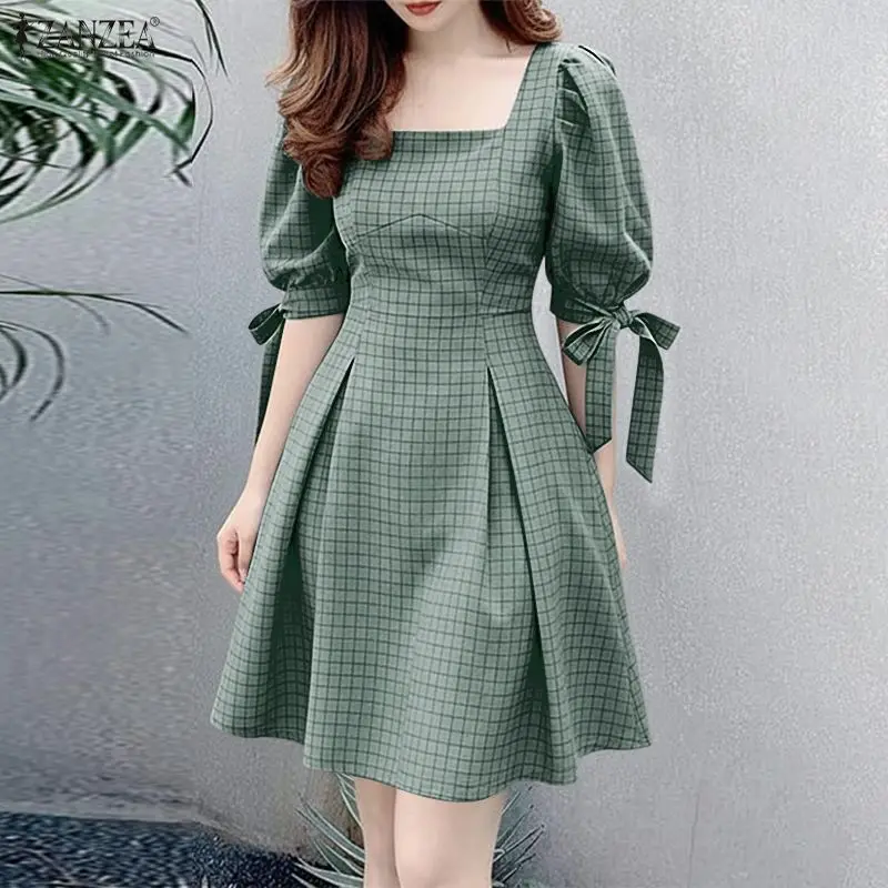 

Элегантное женское платье ZANZEA в клетку длиной до колена, с квадратным вырезом, рукавами-фонариками, завязками на манжетах, завязками на талии, А-силуэт, летние платья