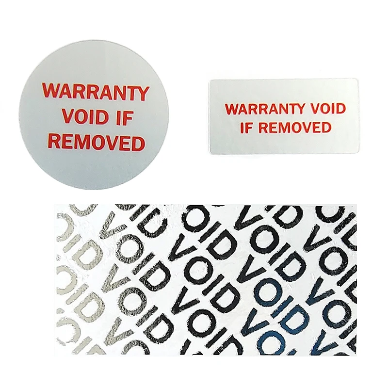 

WARRANTY VOID IF REMOVED Security Seal Tamper Evident Removal Proof Package Safety Sticker Red Printing On Silver Vinyl Tag